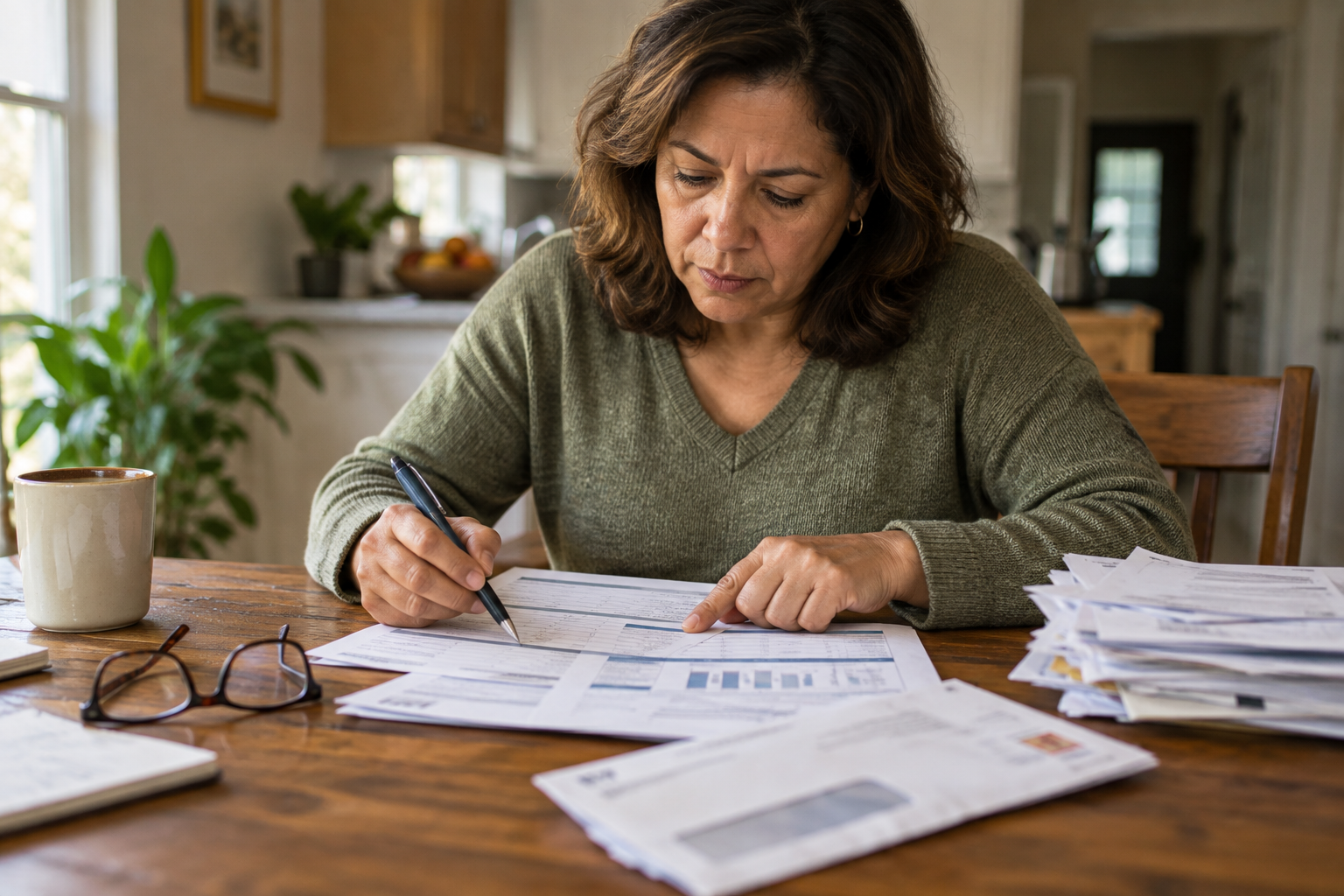 Mujer revisando un reporte de crédito impreso en la mesa de su cocina, subrayando con un bolígrafo entre cartas y un sobre abierto.