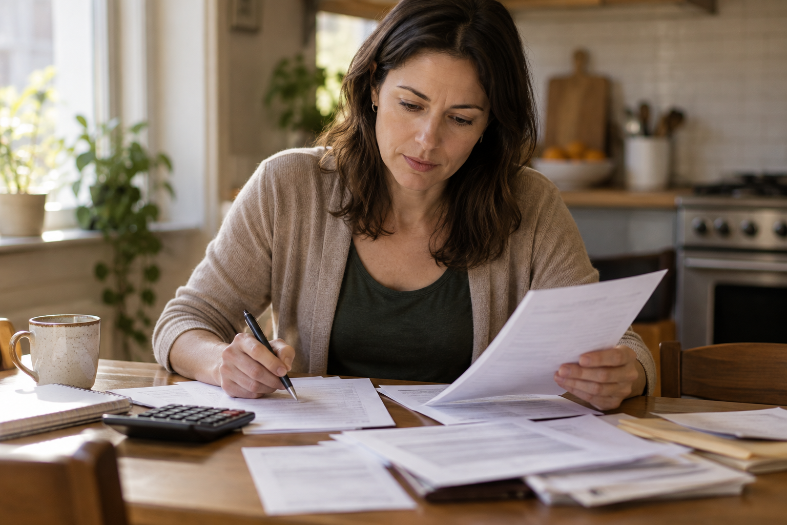 Mujer adulta revisando papeles y calculadora en una mesa de cocina, expresión concentrada.