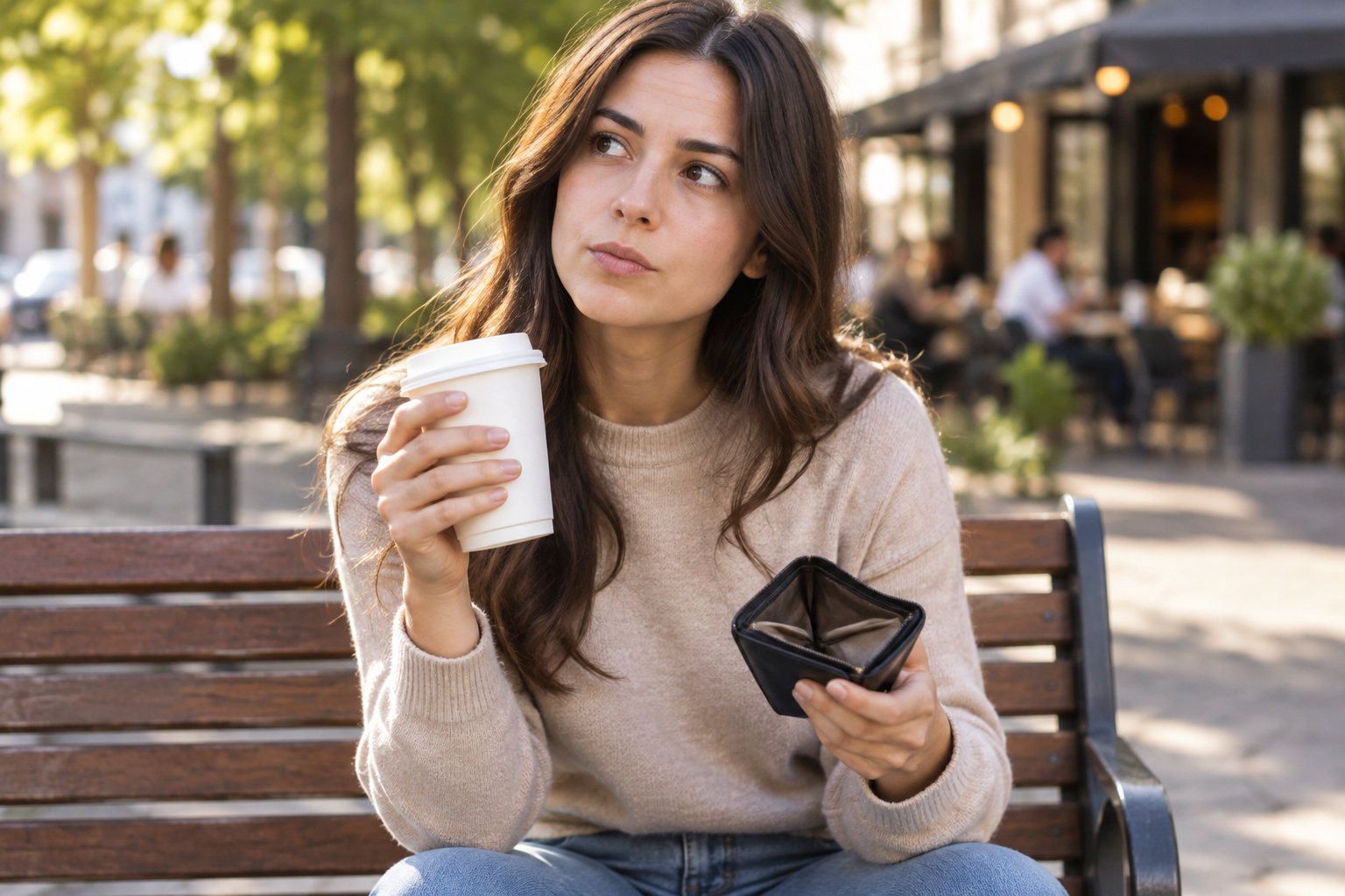 Persona joven sentada en un banco urbano con un vaso de café blanco y un monedero abierto, expresión pensativa.