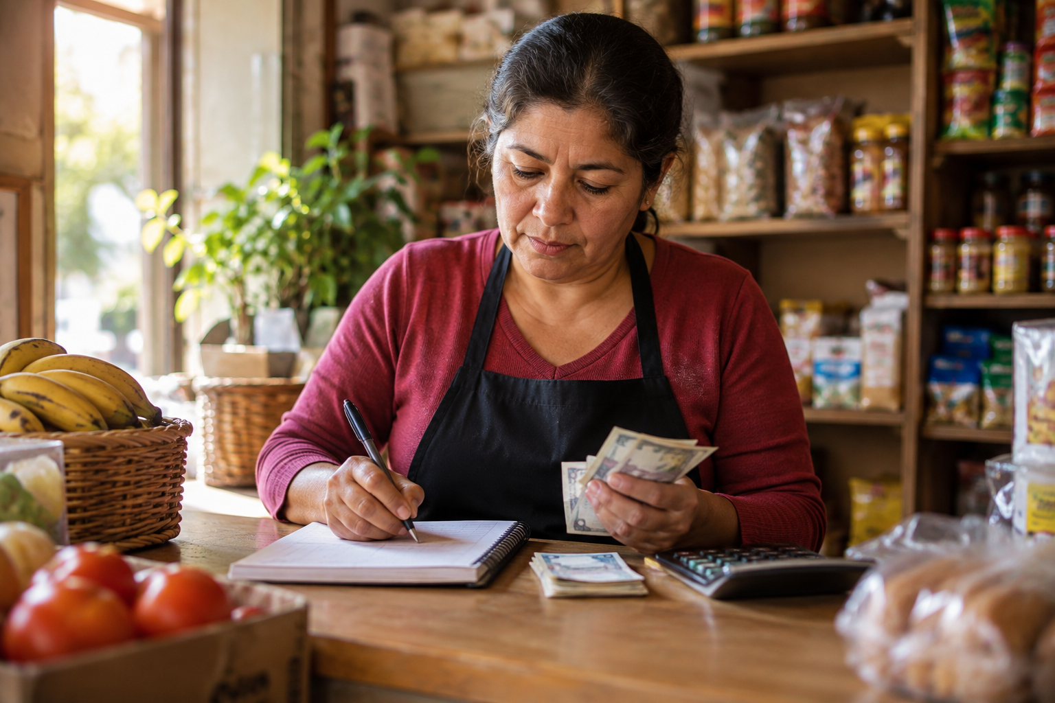 Mujer empresaria contando billetes y anotando en un cuaderno en su mostrador.