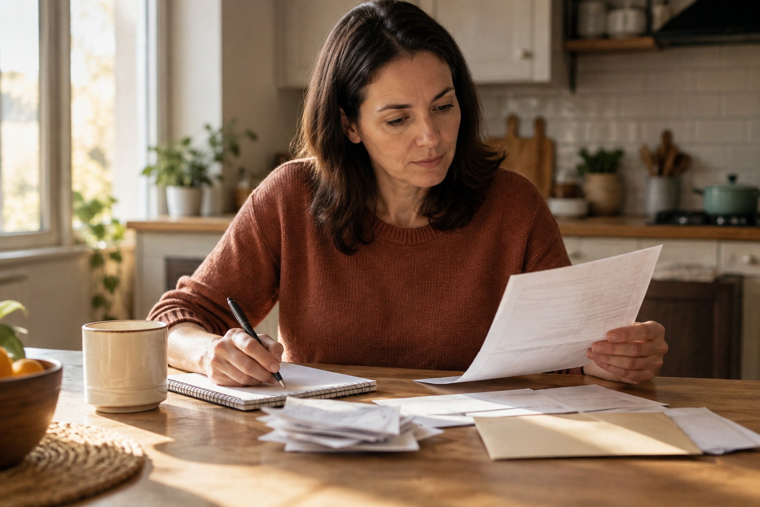 Persona adulta en cocina revisando sobres y facturas sobre la mesa durante planificación financiera