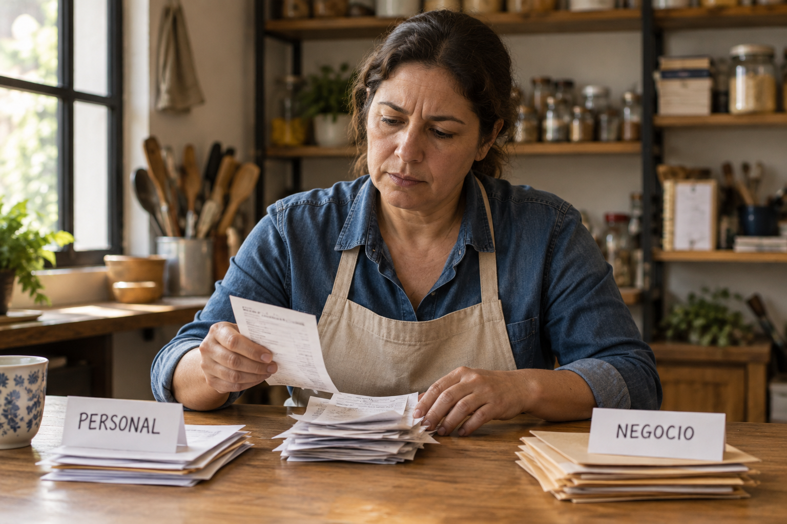 Mujer de mediana edad en una mesa de madera separando sobres, recibos y billetes entre gastos personales y del negocio.