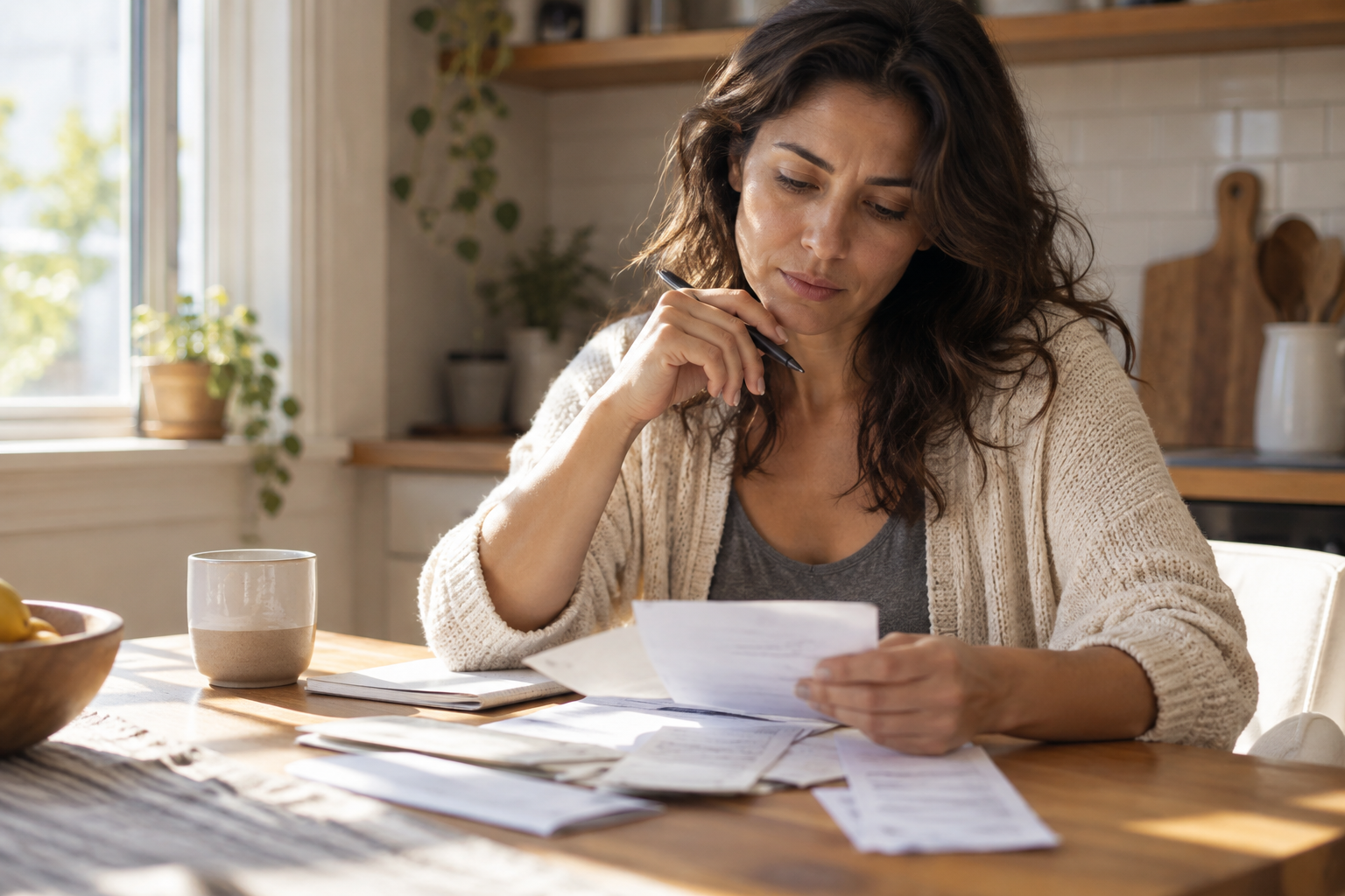 Mujer freelance en una mesa de cocina revisando sobres y recibos a la luz natural, sin dispositivos visibles.
