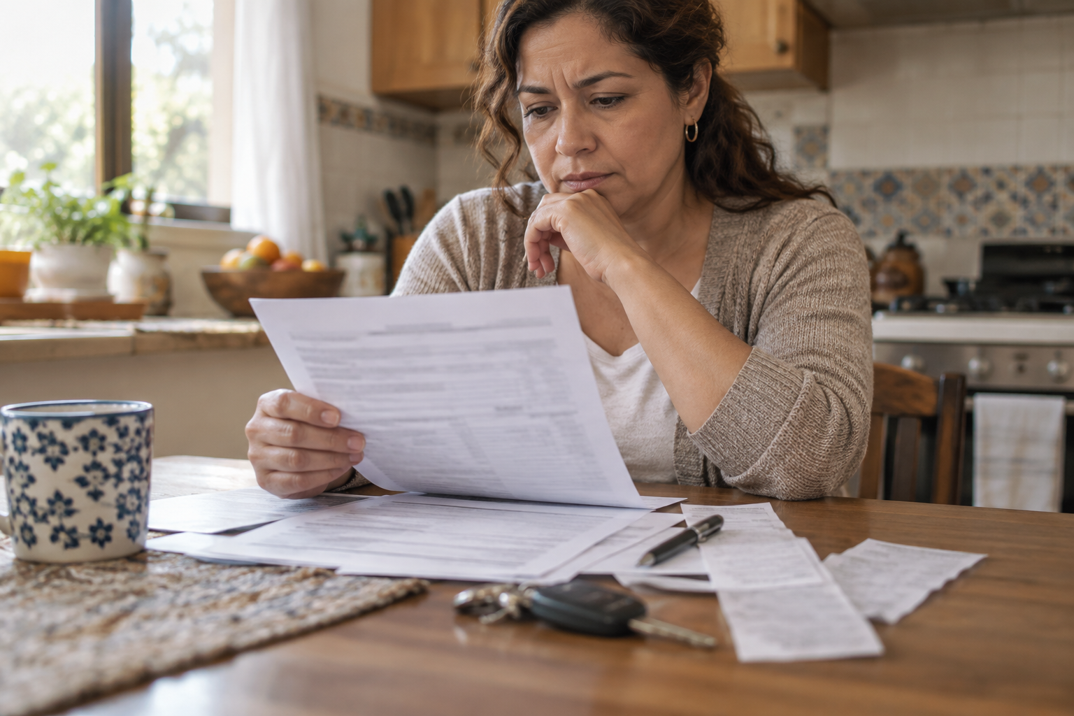 Mujer revisando documentos de financiamiento automotriz en la mesa de su cocina, manos sobre papeles y llaves.