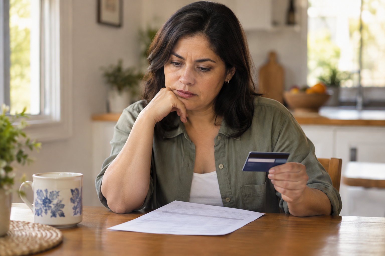 Mujer sentada en la cocina sosteniendo una tarjeta bancaria genérica y leyendo una carta del banco.