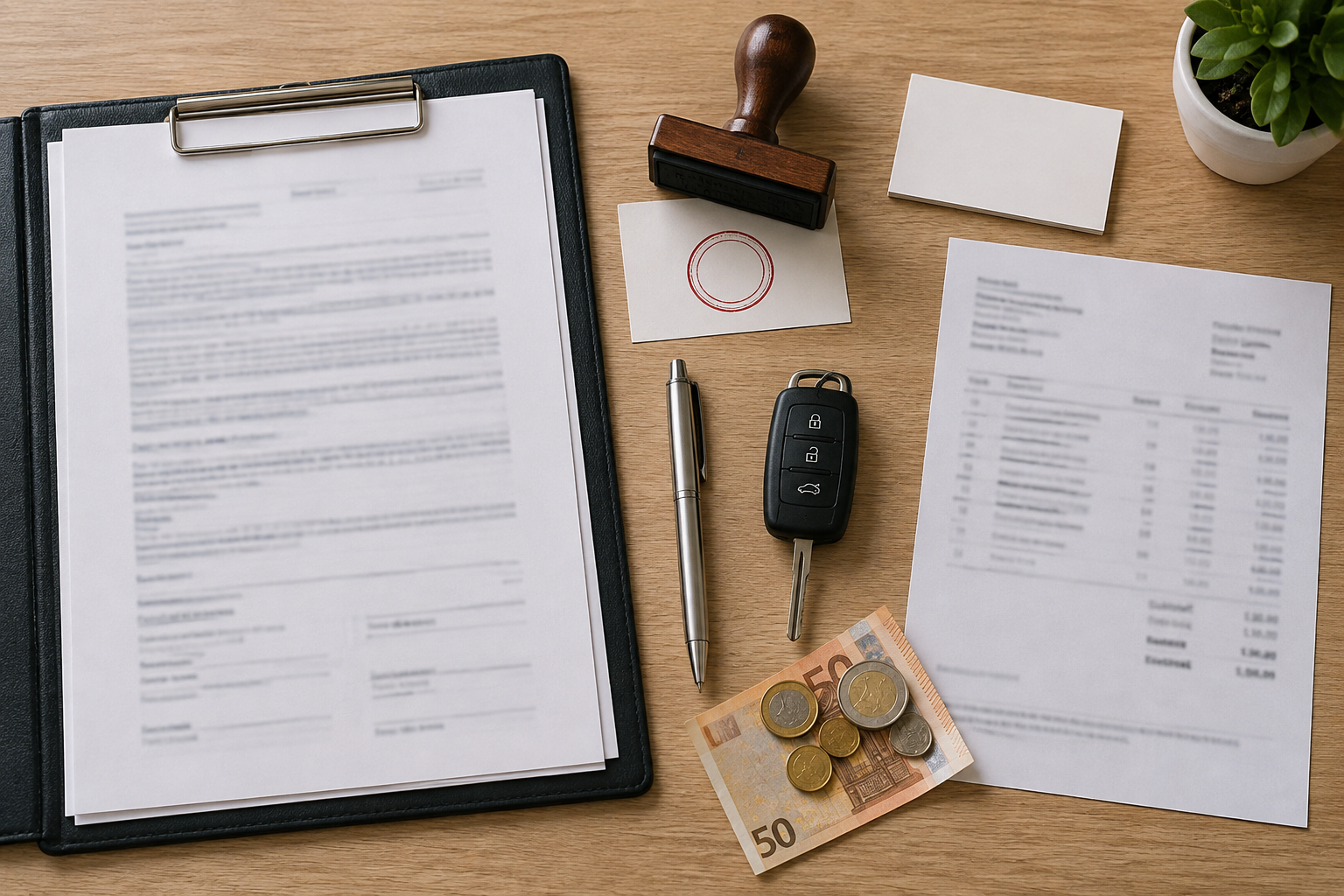 Vista cenital de documentos, sello, llave genérica y monedas sobre una mesa, composición para trámites de compra de vehículo.