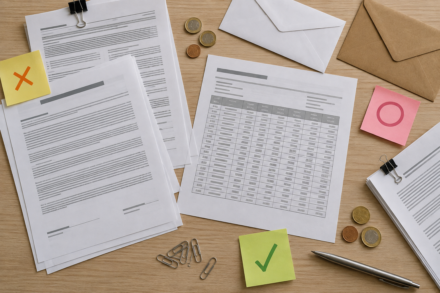 Vista cenital de contratos, tabla de amortización, sobres, notas y monedas sobre una mesa.