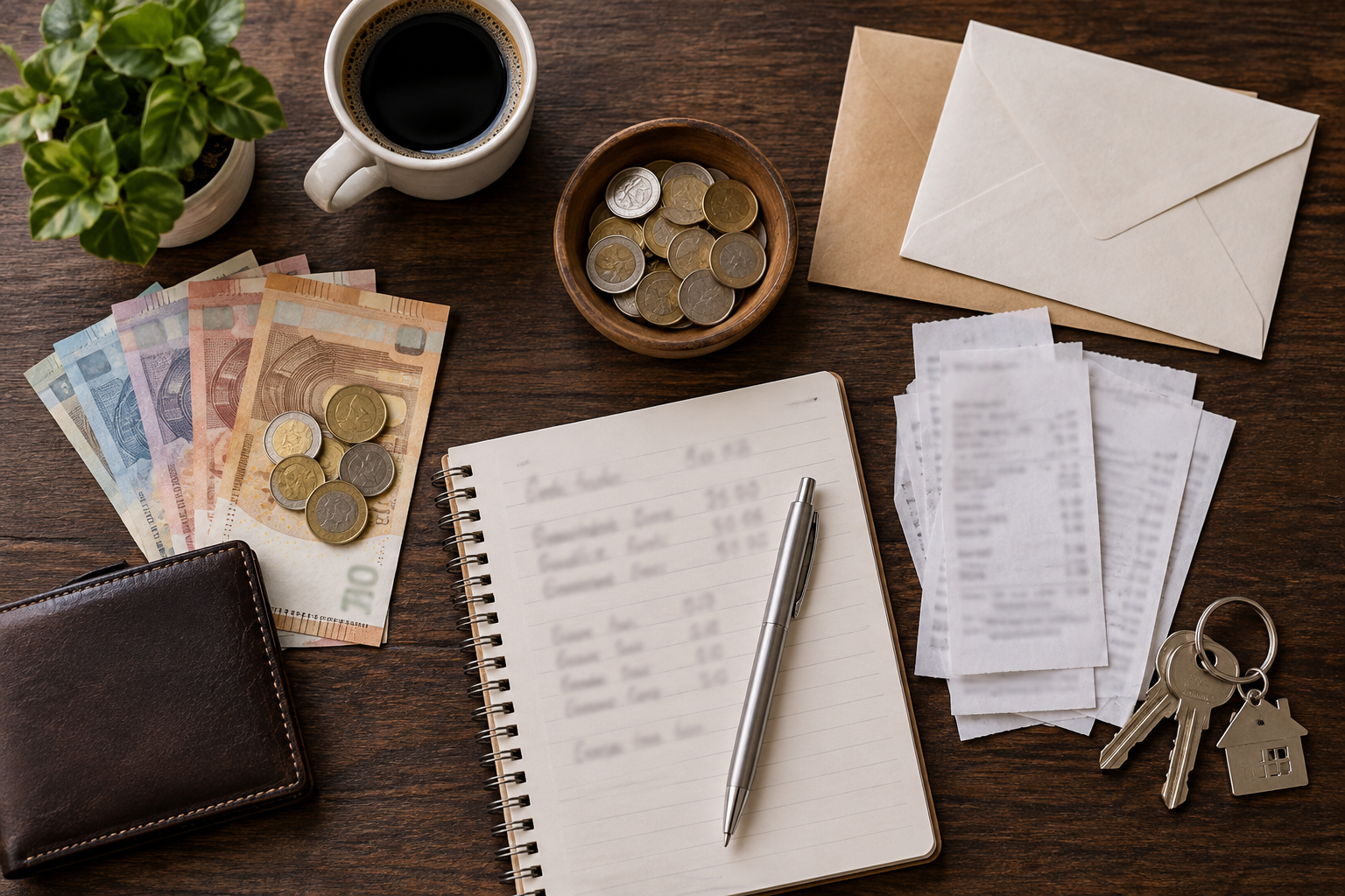 Vista cenital de billetes, monedas, sobres y una libreta sobre mesa oscura.