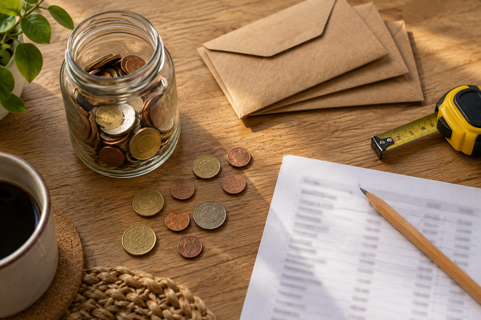 Flatlay cenital con tarro de monedas, monedas sueltas y sobres kraft sobre mesa de madera.