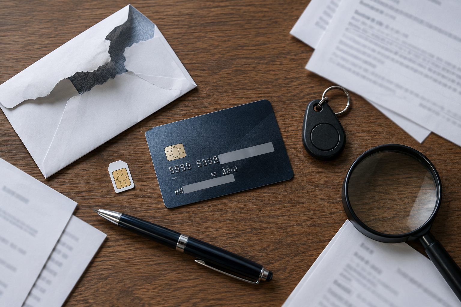 Vista cenital de una SIM, tarjeta bancaria parcialmente cubierta, token sin pantalla y papeles rasgados sobre una mesa de madera.