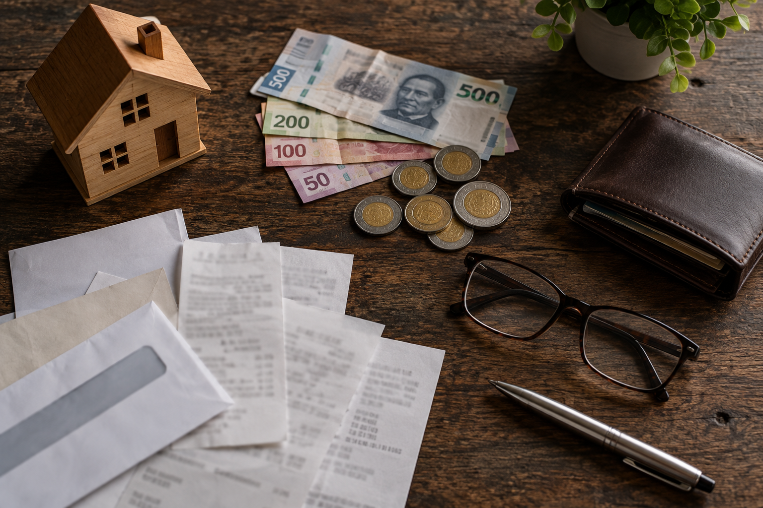 Vista cenital de una mesa con maqueta de casa, billetes, monedas, recibos y cartera.