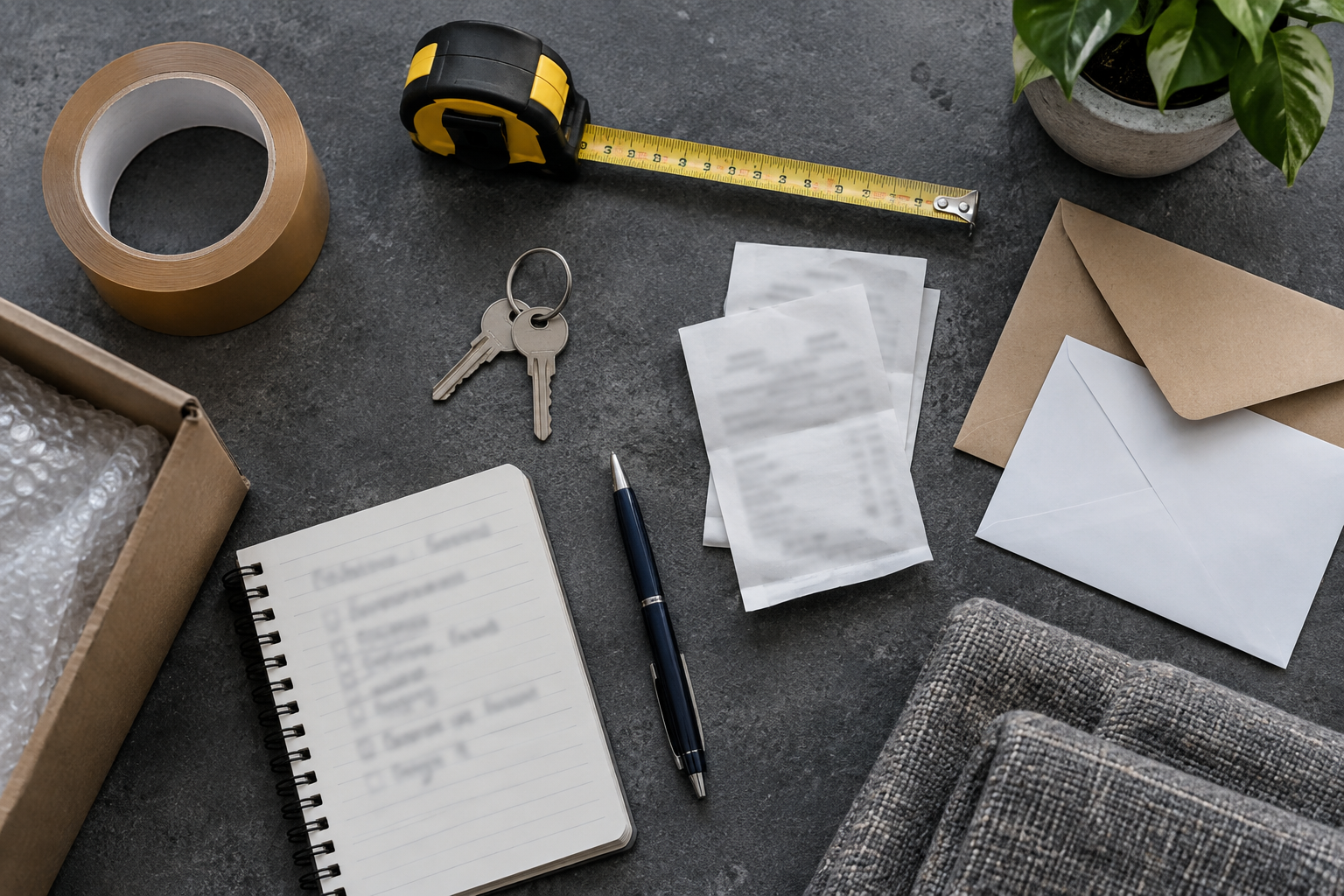 Flat lay cenital de objetos de mudanza sobre mesa de hormigón: cinta, cinta métrica, llaves y recibos difusos.