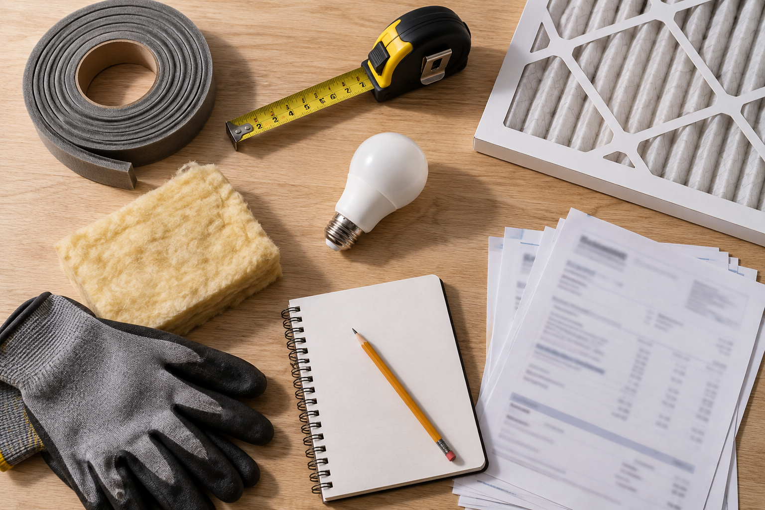 Composición cenital de herramientas y materiales para una auditoría energética doméstica sobre mesa de madera.