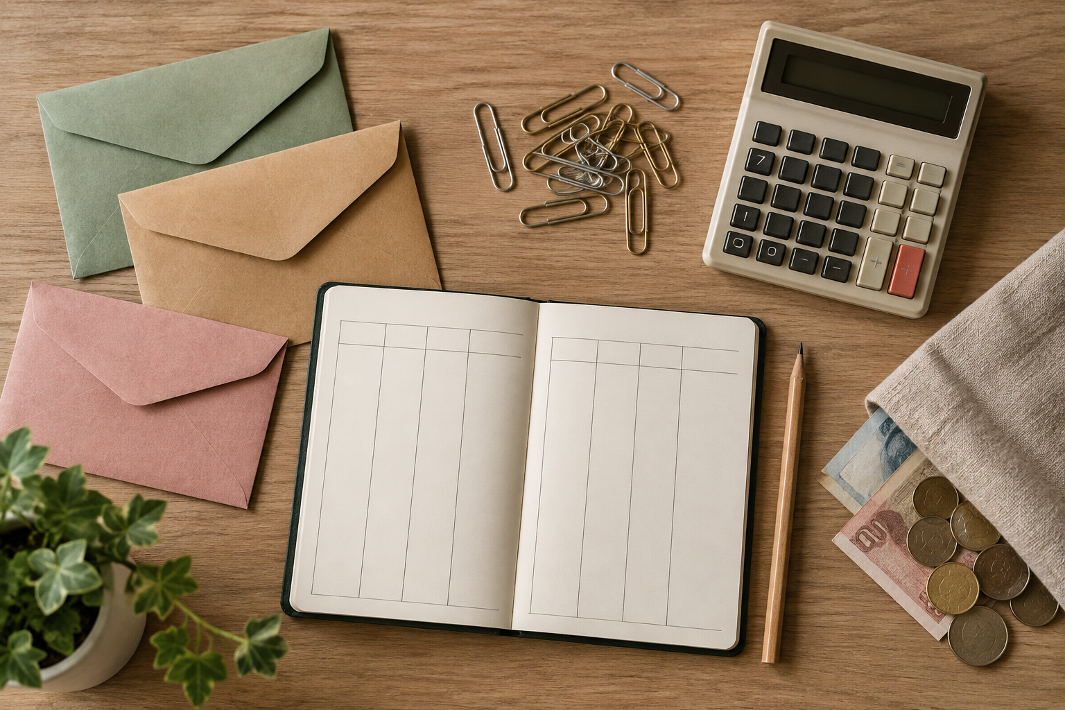 Vista cenital de sobres, libreta en blanco, clips y una calculadora analógica organizados para provisiones financieras