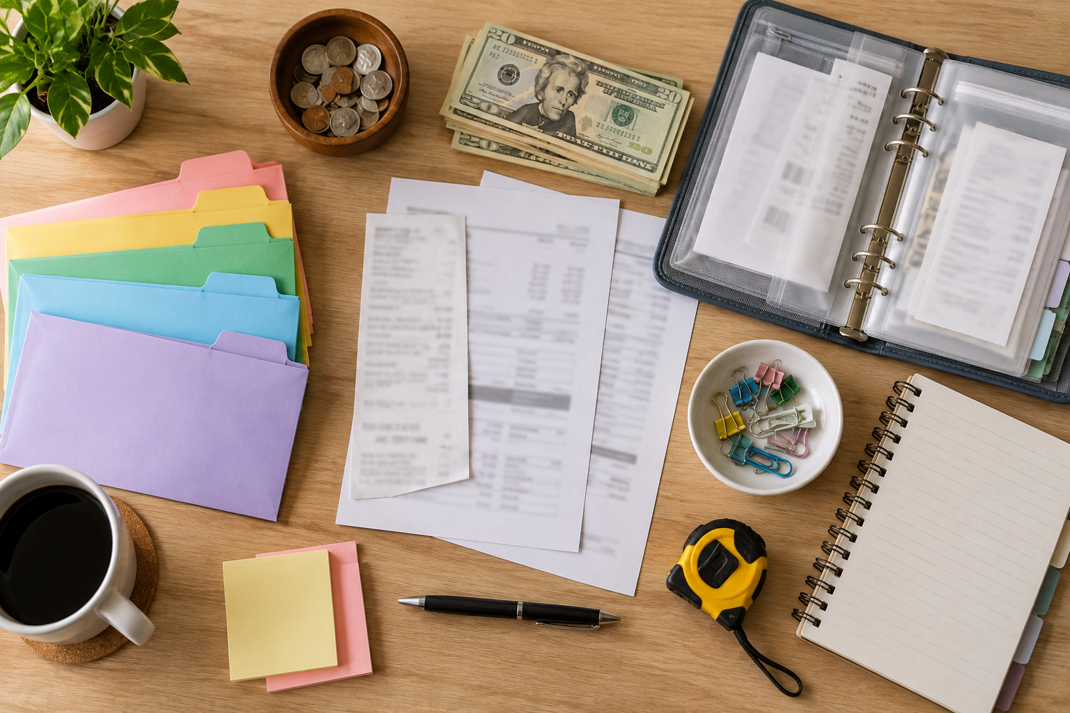 Composición cenital de sobres, extractos, billetes y carpeta organizada sobre mesa de madera.