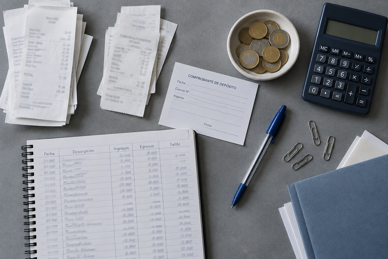 Vista cenital de facturas, comprobante de depósito, cuaderno, bolígrafo, monedas y una calculadora sobre mesa gris.