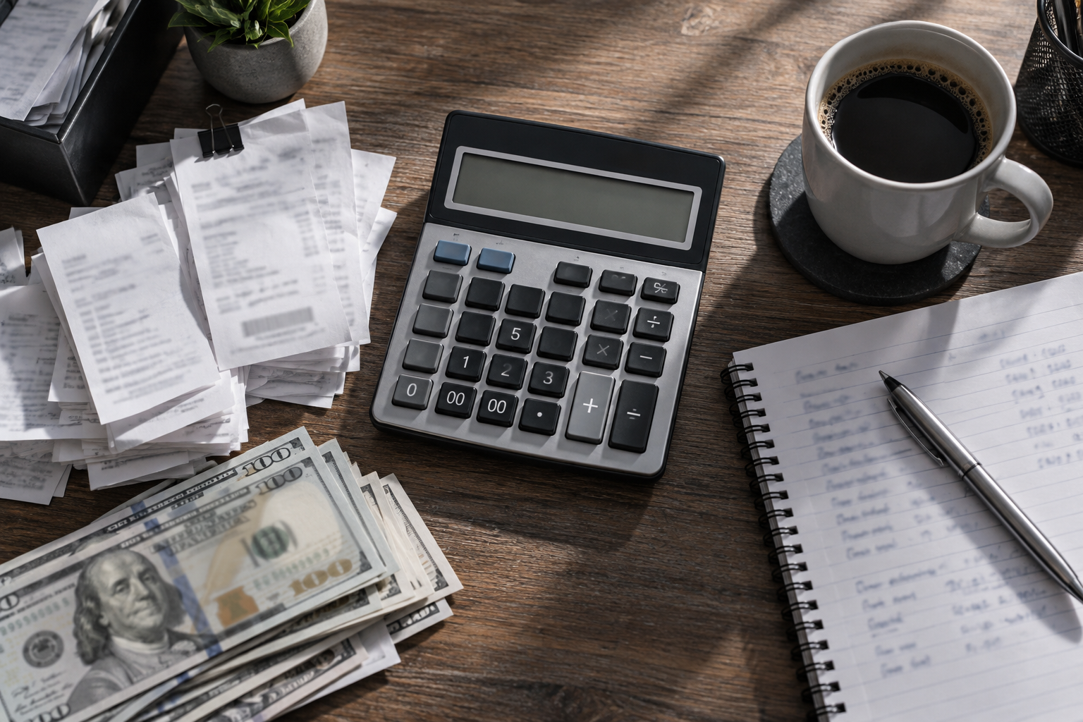 Vista cenital de mesa con calculadora, recibos, billetes, cuaderno y taza de café.