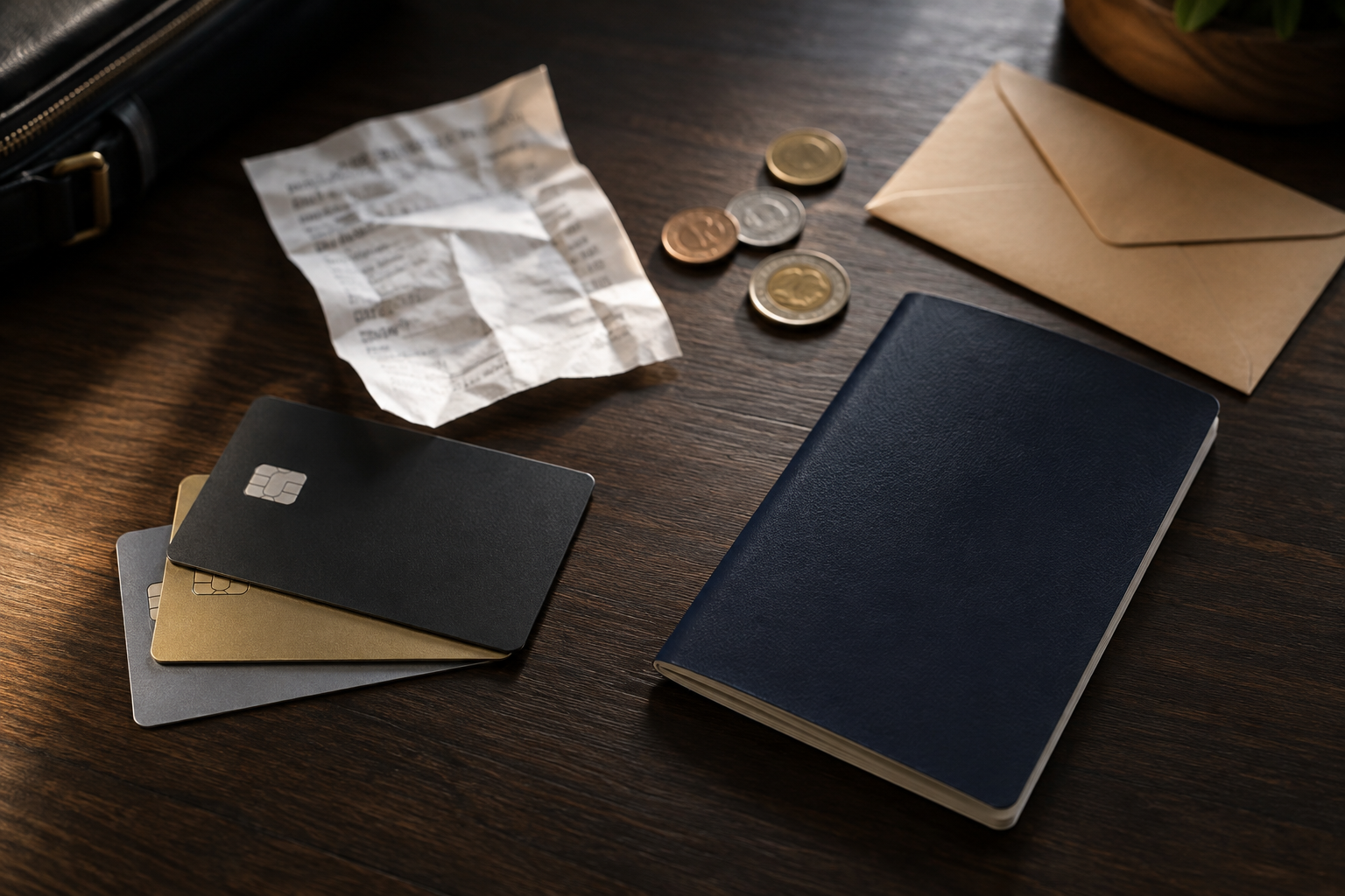 Flatlay cenital de tarjetas bancarias genéricas, recibo, pasaporte y monedas sobre madera oscura.