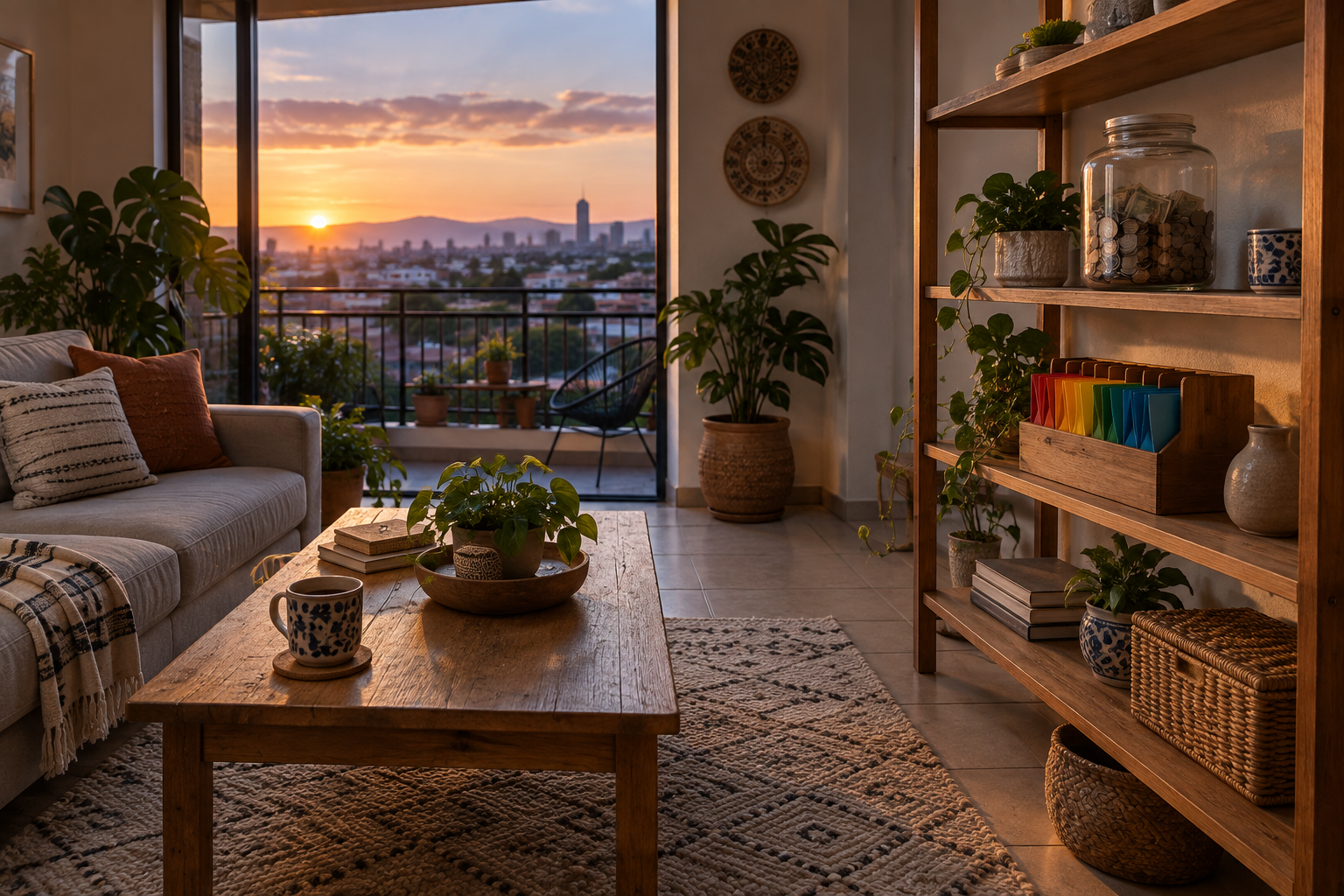 Sala de estar urbana al atardecer con organizador de sobres y un frasco de ahorro en la repisa, vista de barrio difuminada por la ventana.