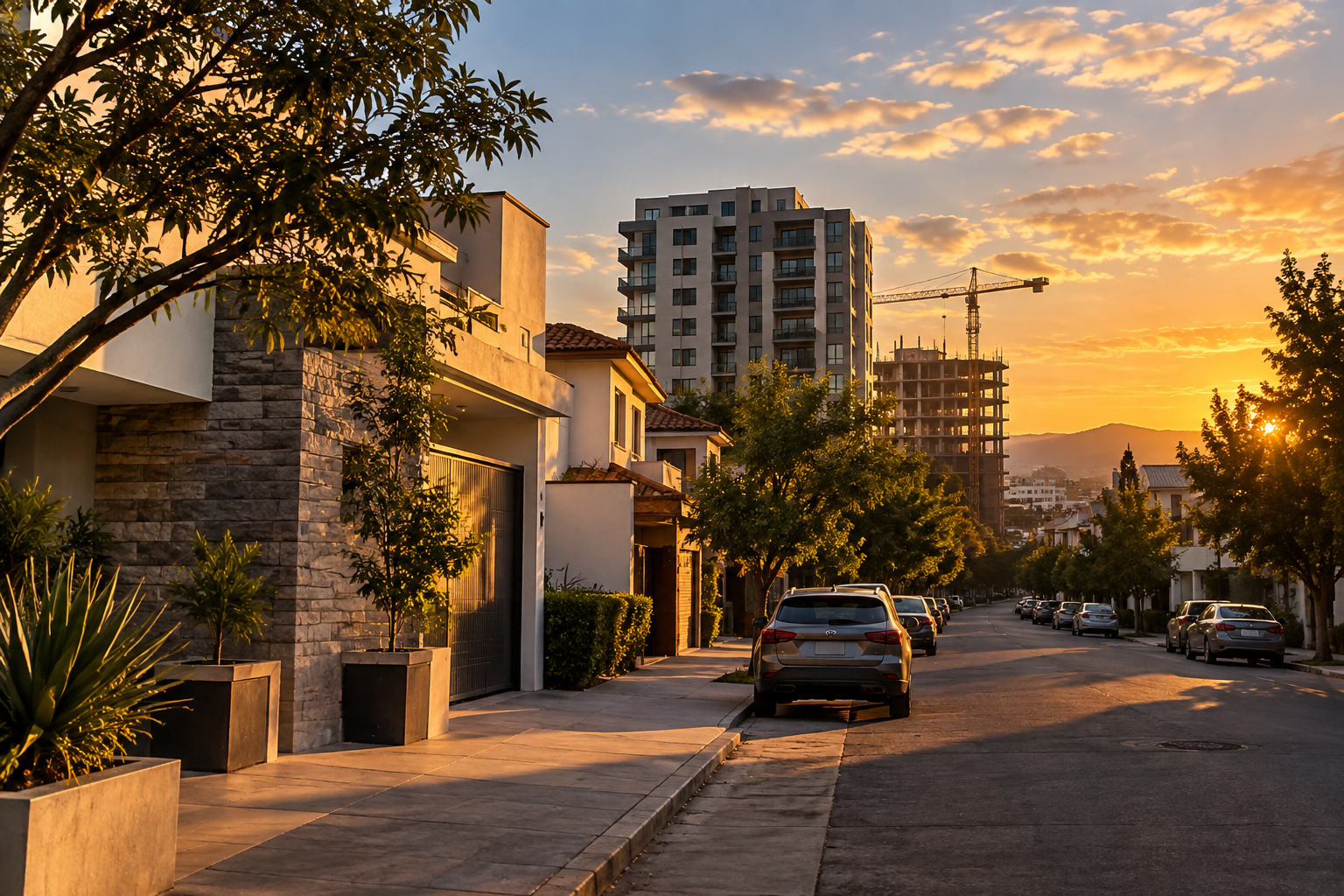 Vecindario mixto al atardecer con casas y edificio de departamentos, sin personas.