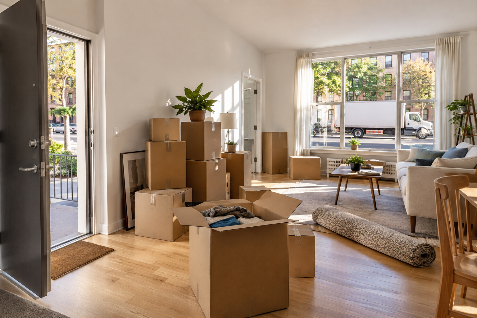 Salón amplio con cajas de mudanza y camión sin marcas visible desde la ventana.