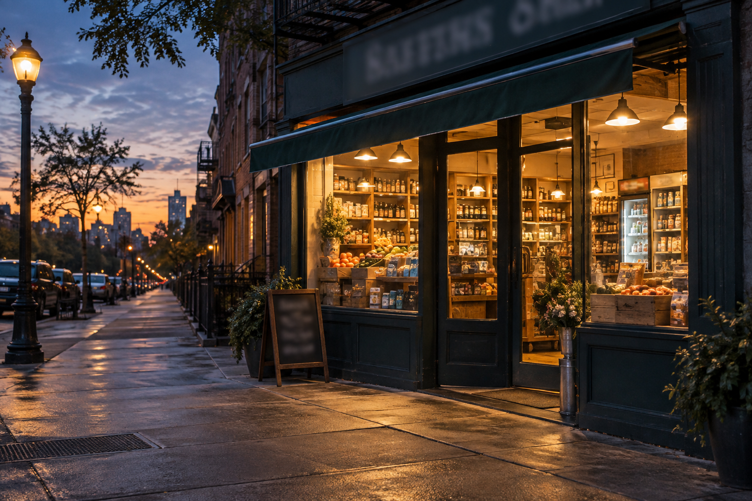 Fachada de tienda de barrio iluminada al atardecer, acera desierta y escaparate visible.