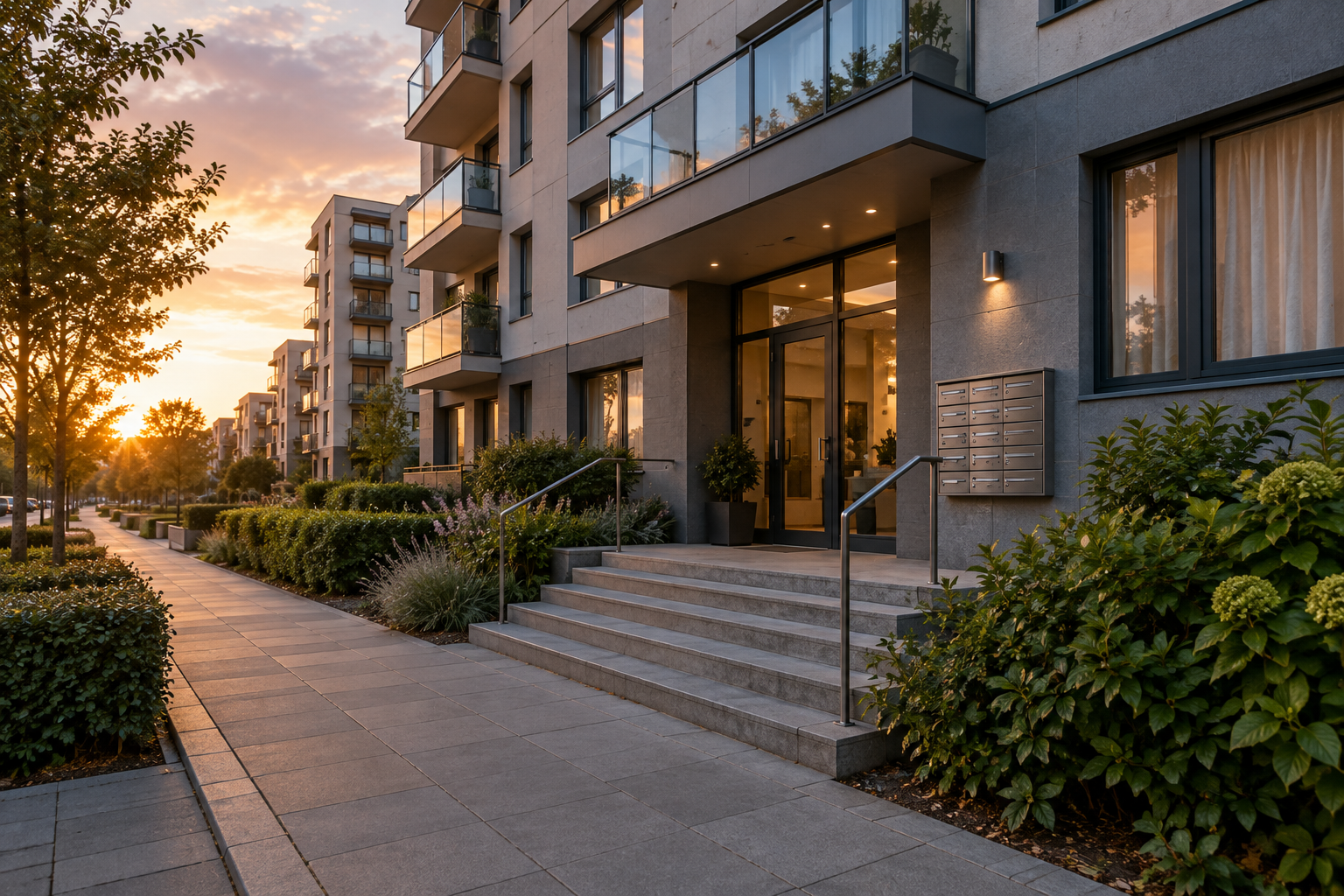 Fachada de edificio de apartamentos al atardecer, entrada y buzones en un vecindario urbano residencial.