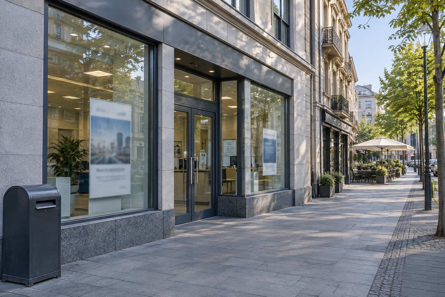 Fachada neutra de sucursal bancaria en calle comercial