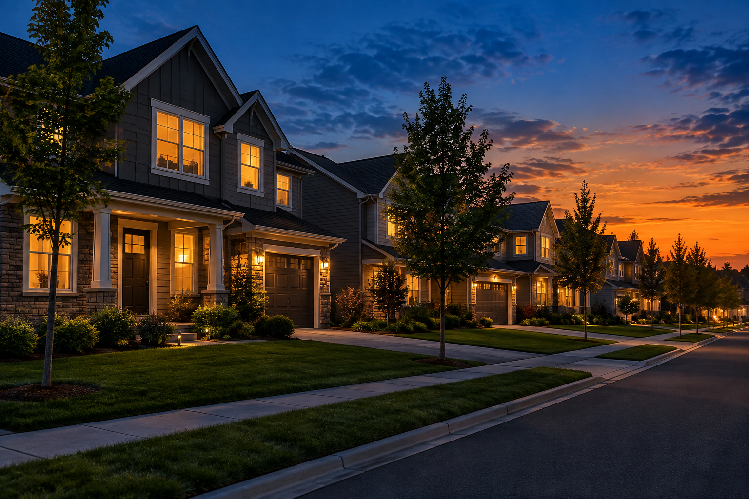 Vista amplia al atardecer de una calle residencial con casas cuyas luces interiores están encendidas.