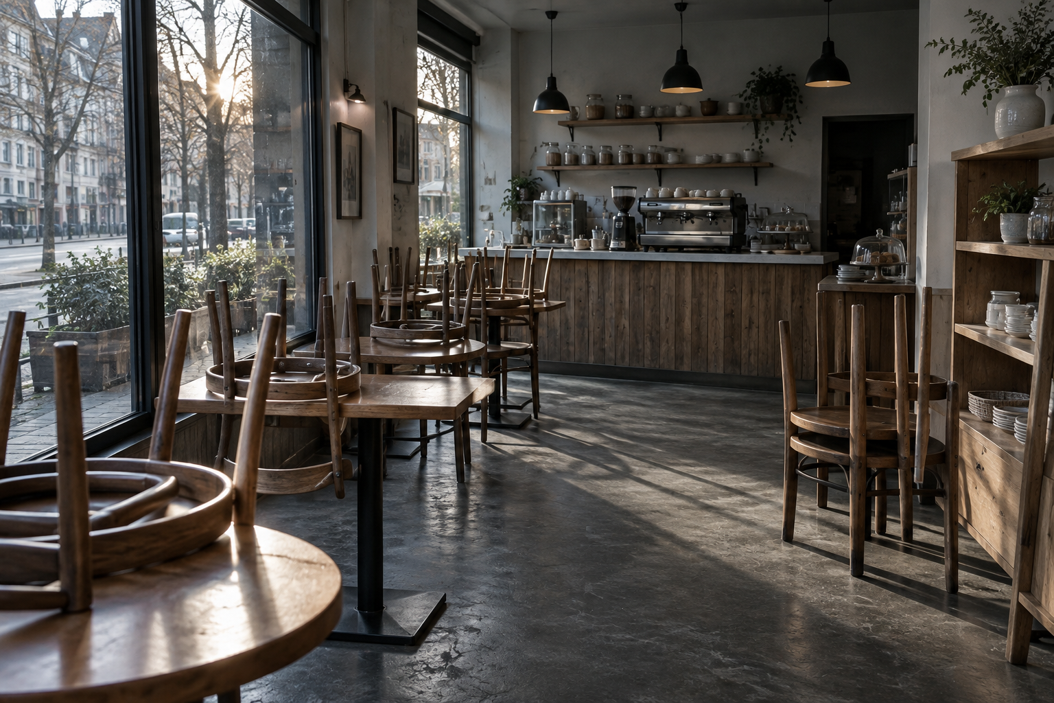 Cafetería vacía con sillas sobre mesas al atardecer, simbolizando baja actividad económica