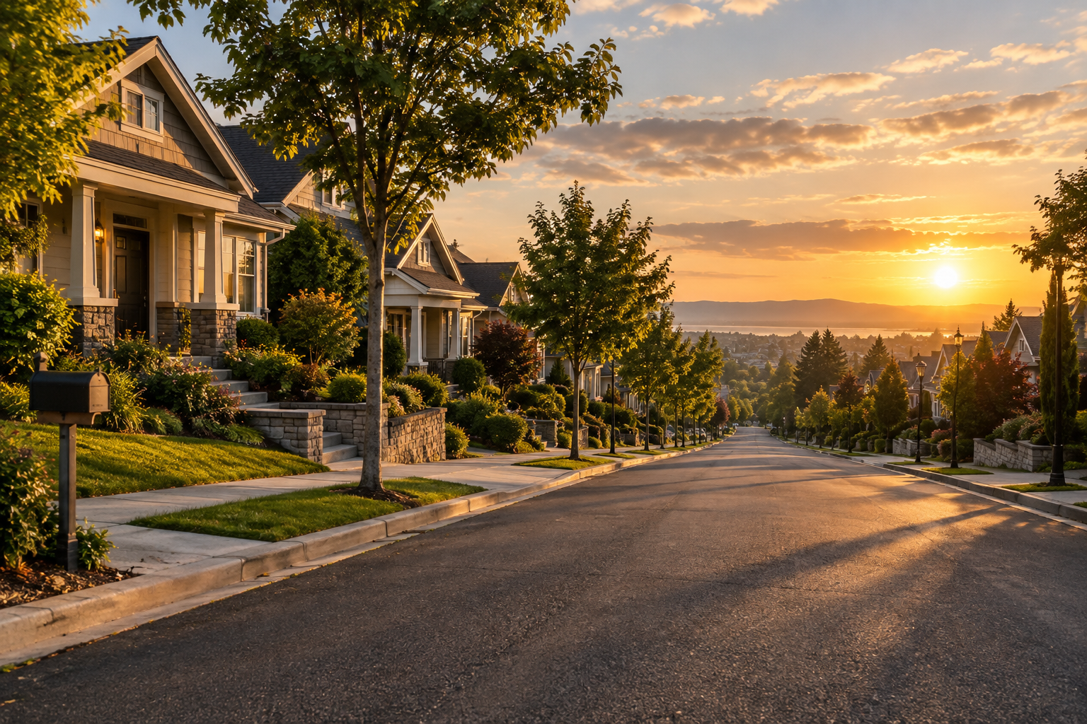 Calle residencial al atardecer con casas alineadas, representando meta de ahorro a largo plazo.