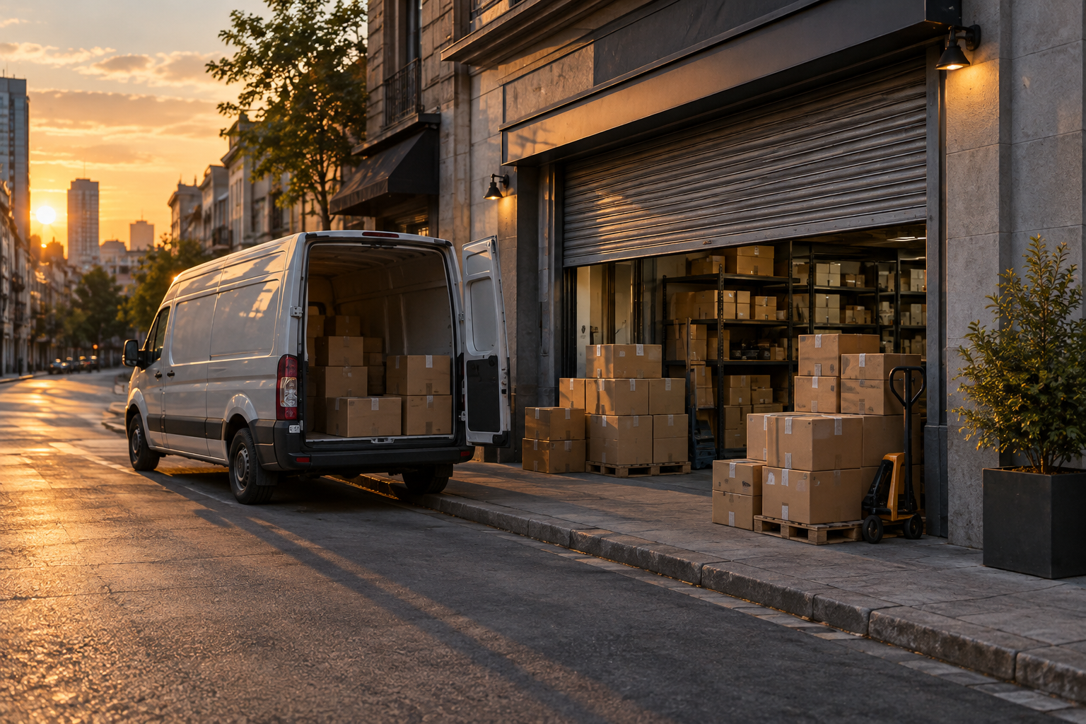 Fachada de tienda con cajas en la acera y furgoneta de reparto vacía al atardecer.