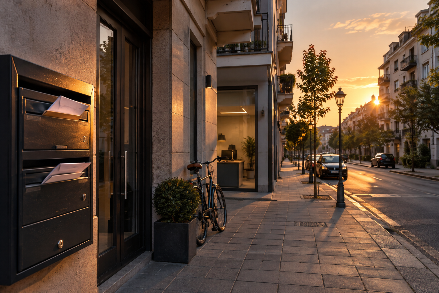Calle urbana con edificios de departamentos, buzón con sobres y bicicleta apoyada, escena vacía al atardecer.