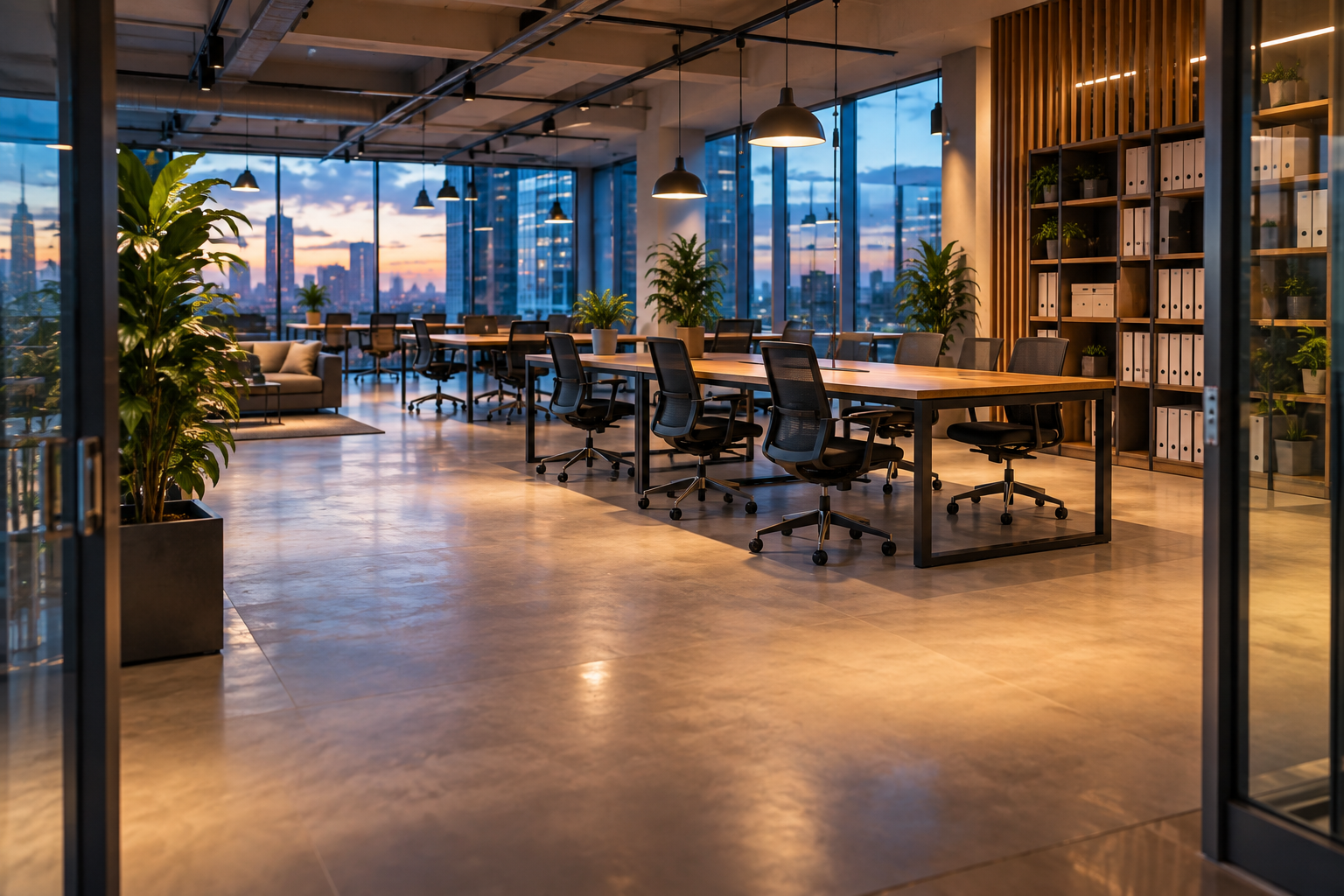 Interior amplio de un espacio de coworking vacío al atardecer, mesas y estanterías, sin personas ni dispositivos.