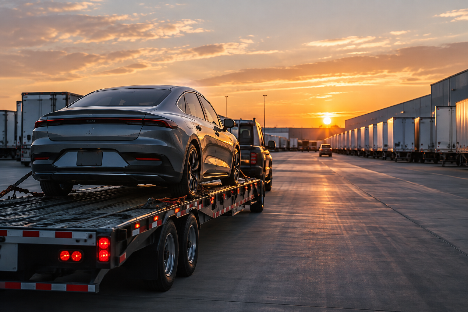 Automóvil cargado en remolque en un patio de transporte industrial al atardecer, listo para envío.