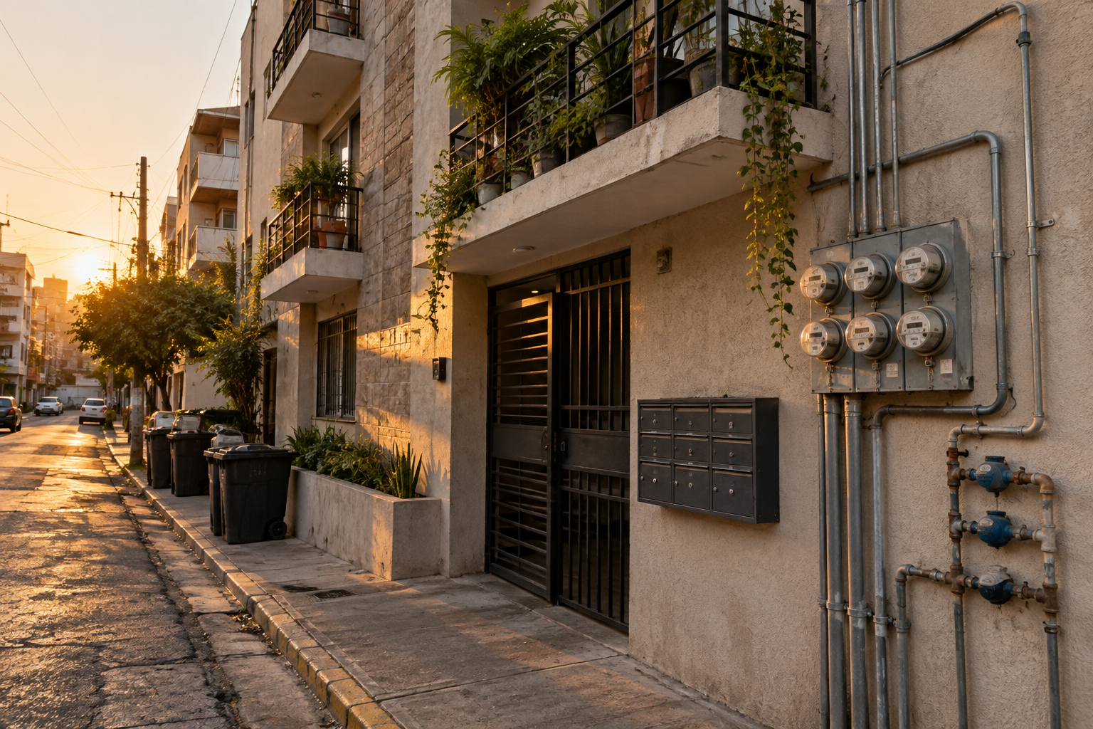 Fachada de edificio con medidores y balcones en zona urbana, representando servicios compartidos.