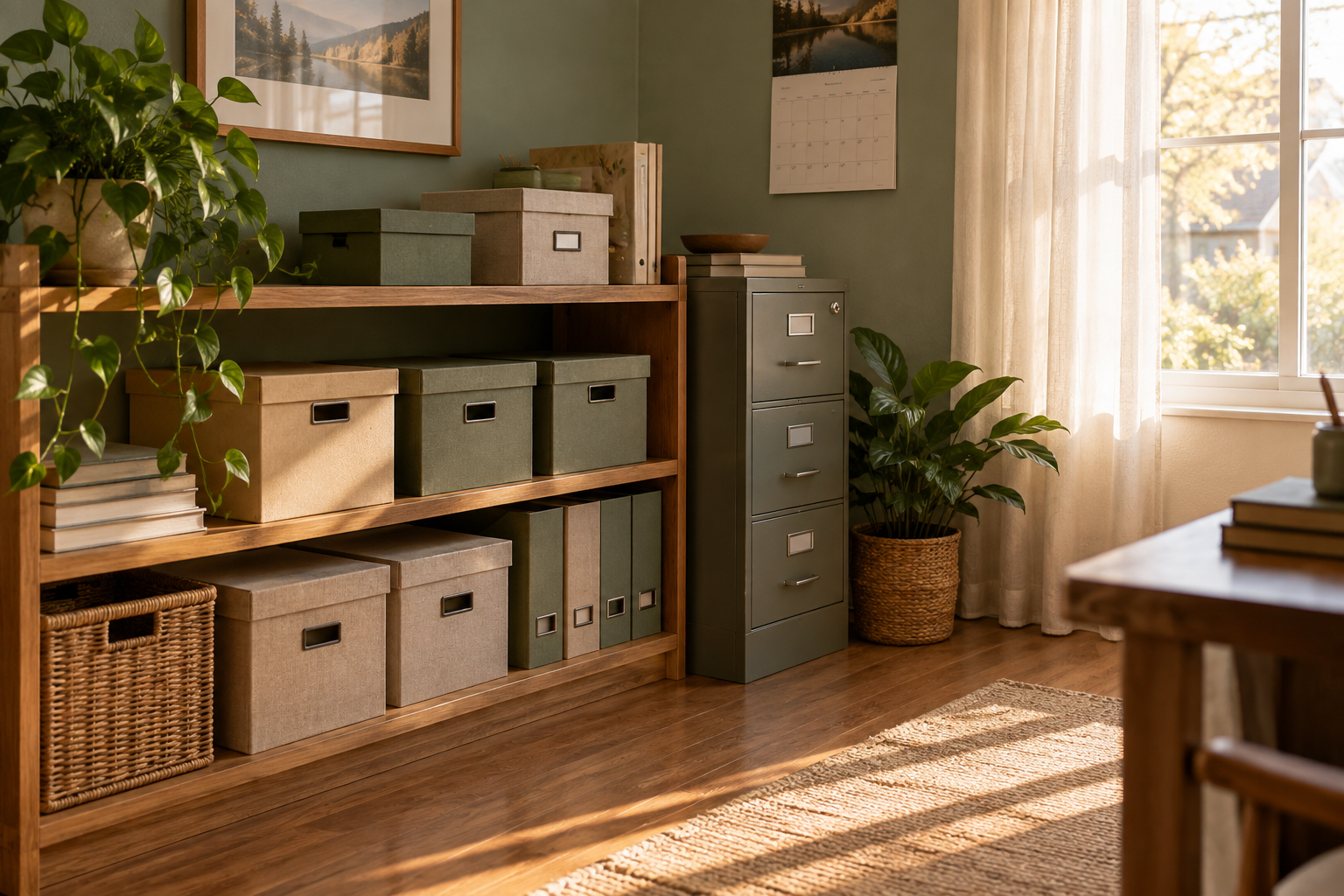 Rincón del hogar adaptado como estación de archivo: estantería con cajas de archivo cerradas, archivador con cerradura y luz natural.